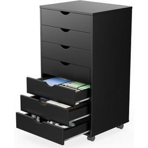 Sweetcrispy 7 Drawer Chest Mobile Storage Cabinets Wooden Dresser with Wheels Room Organization Furniture for Office Home, Black Wood (15.8"D x 18.7"W x 34.3"H (7 Drawers))