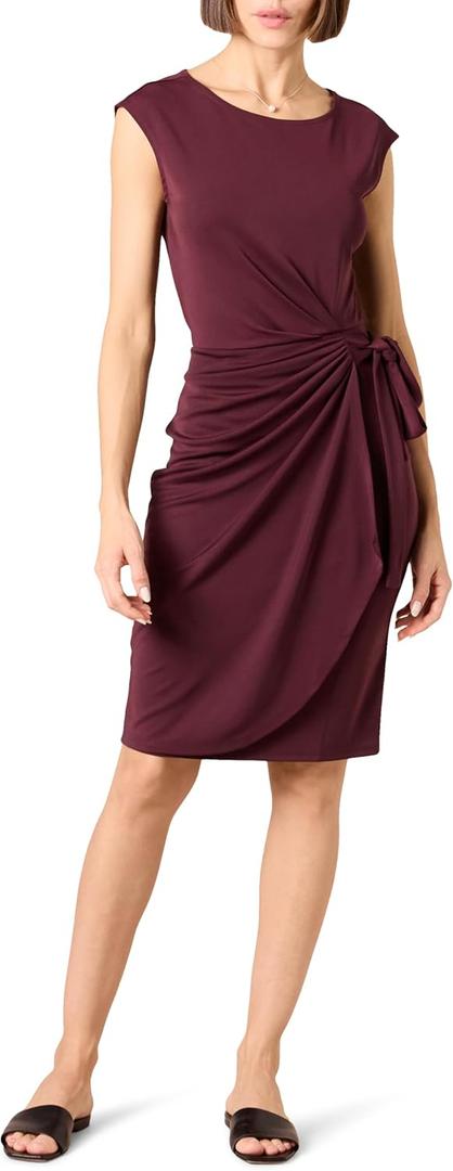 Amazon Essentials Women's Cap Sleeve Boat-Neck Faux Wrap Dress (Medium, Burgundy)