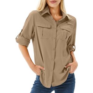 Women's UPF 50 Long Sleeve Sun Protection Safari Fish Hiking Shirts (Brown, L)