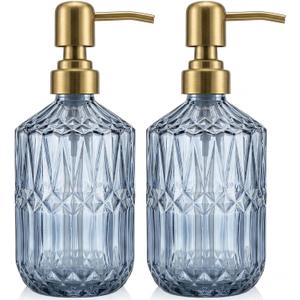 2-Pack Blue Soap Dispenser for Bathroom and Kitchen, Crystal Glass Hand Soap Dispenser with Metal Gold Pump, Countertop Soap Dispenser for Hand Soap, Dish Soap, Lotion, Body Wash (14 OZ)