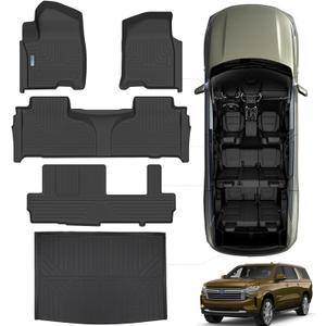 SANBAN-AXE Floor Mats & Trunk mat for 2021-2024 2025 Chevrolet Suburban 8 Seats with 2nd Row Bench Seats（not fit 7 Seats）/GMC Yukon(Only Fit XL)，TPE Floor Liners & Trunk mat for Chevy Suburban