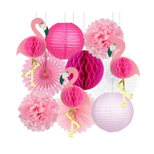 Tropical Pink Flamingo Party Decorations Set, Pom Poms Honeycomb Balls Paper Fans and Lanterns, 50 Plastic Drinking Straws and 12 Inflatable Pool Drink Holders for Hawaiian Summer Beach Party Favors, Pink 
