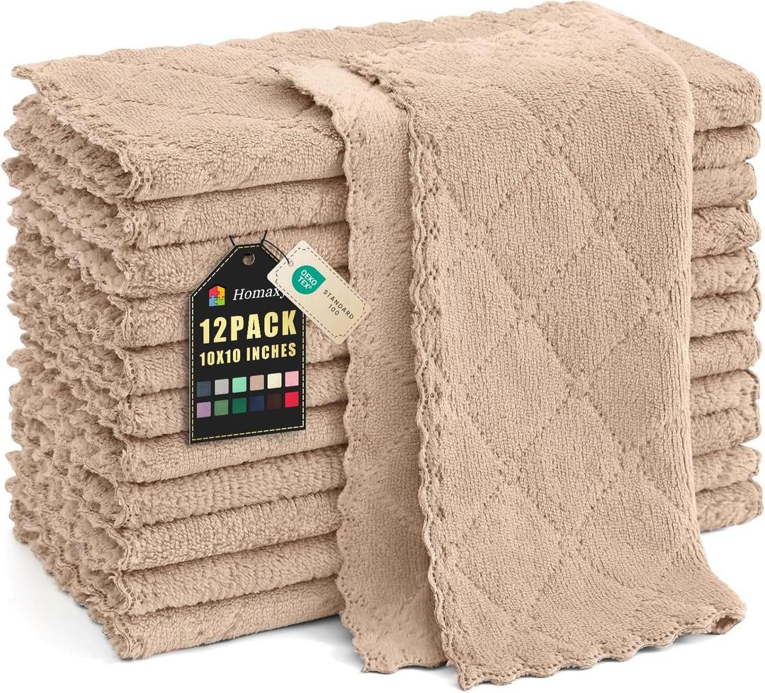 Homaxy 12 Pack Kitchen Dish Cloths (10 x 10 Inches, Tan), Super Soft and Absorbent Coral Velvet Dish Towels, Nonstick Oil Fast Drying Microfiber Cleaning Cloth, No Lint Household Dishcloths