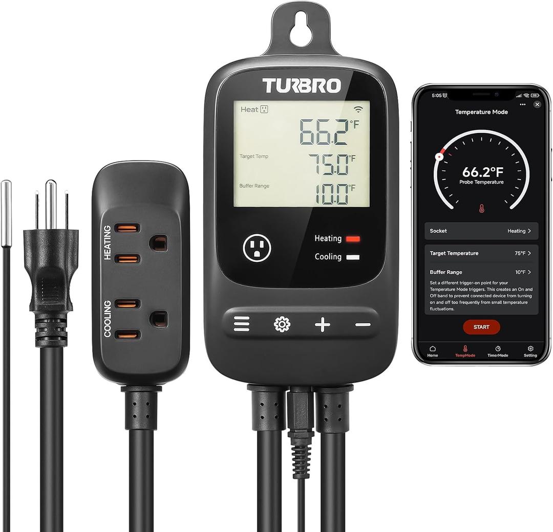 TURBRO Smart Temperature Controller Heating Cooling, WiFi-Enabled Thermostat with Timer and Temperature Monitoring for Home Brewing, Seedling, Greenhouse, and Reptile Terrarium, TC01