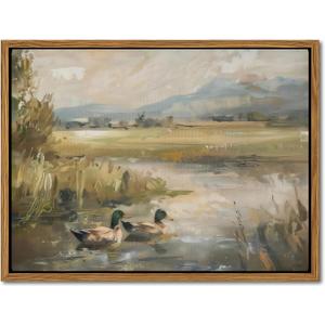 Floating Framed Canvas Wall Art, Vintage Mallard Duck Oil Paintings Print, Countryside Art Wildlife Nature Pond Wall Decor for Living Room, Bedroom, Office, Rustic Decor 16x24 inch (24L" x 16W")