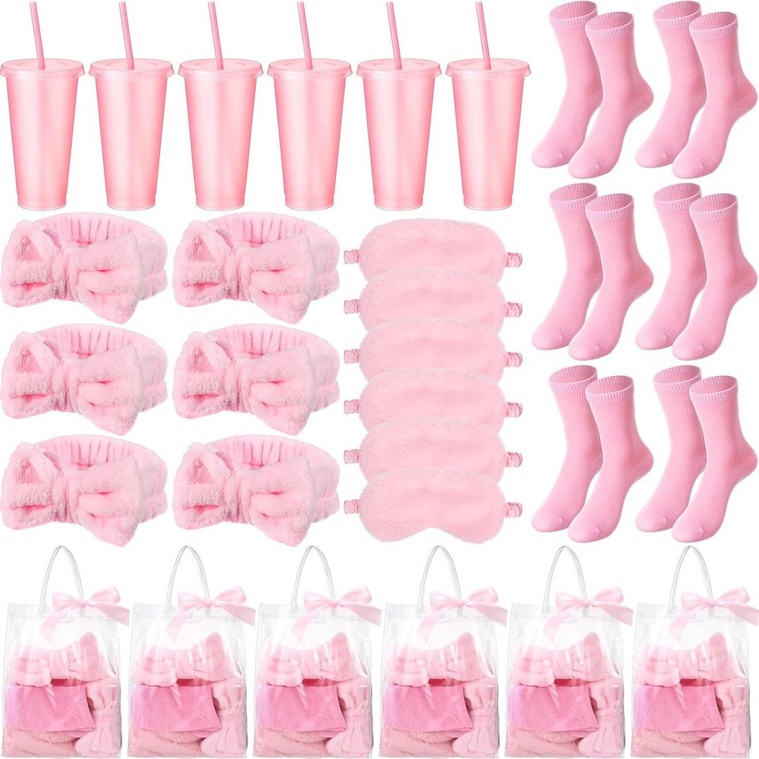 31 Pcs Spa Party Favors Sleepover Party Supplies Pink Bow Spa Headbands Eye Masks Socks Glitter Cups Gift Bag with Ribbon for Women Wedding Bridal Shower Bridesmaid Gifts Graduation Gift
