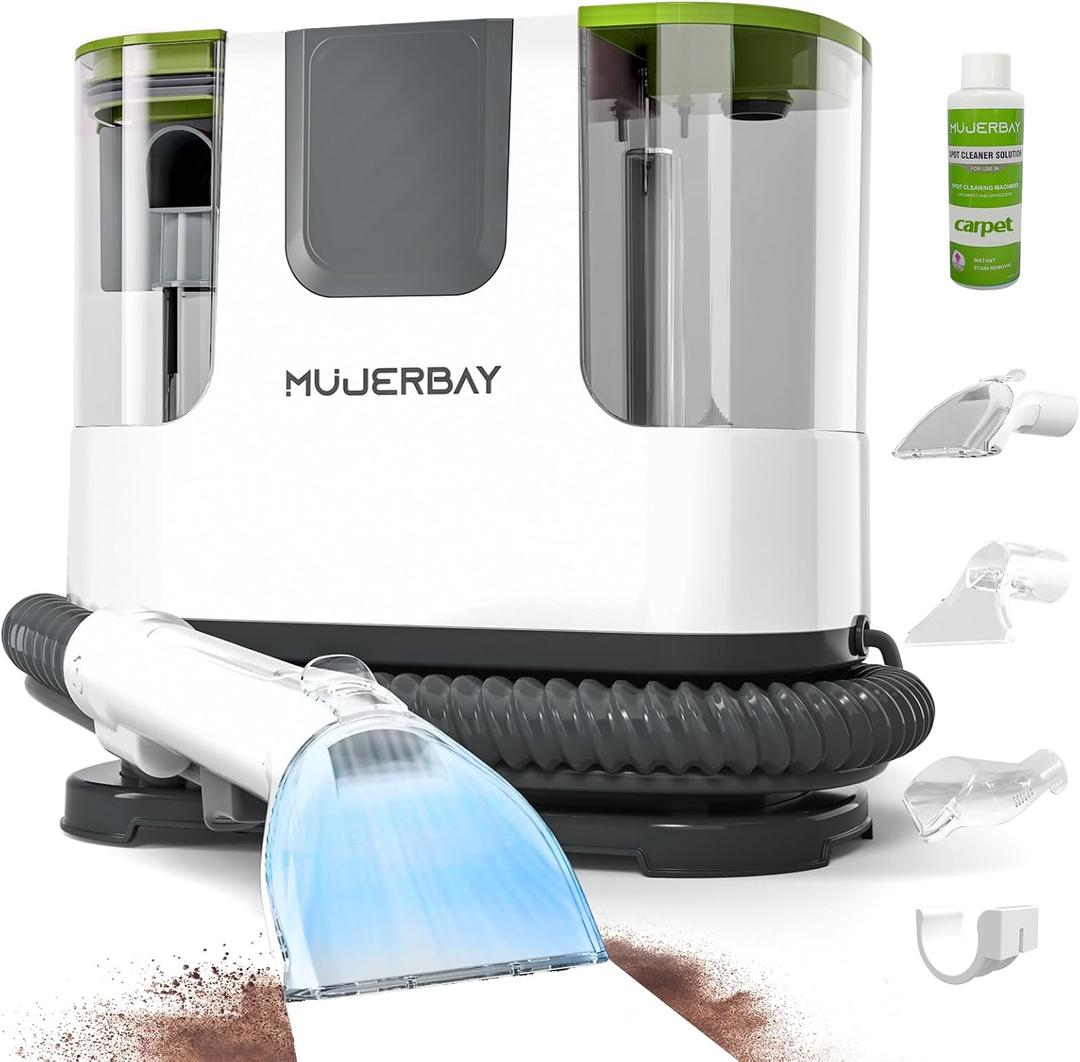 Upholstery Carpet Cleaner Machine, MUJERBAY Portable Spot & Stain Cleaner Shampooer, Move with Universal Wheels & Handle, 1.18-inch Deep Cleaning Machine for Couch, Stairs, Car & Messes.White.