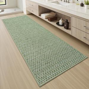 AMOAMI Unique Woven Bathroom Runner Rug, Super Absorbent Non Slip Bath Mats for Bathroom Textured Bathroom Mat Quick Dry Boho Rugs Runners for Hallyways Kitchen Bedroom Beside Tub, 2' x 6', Sage