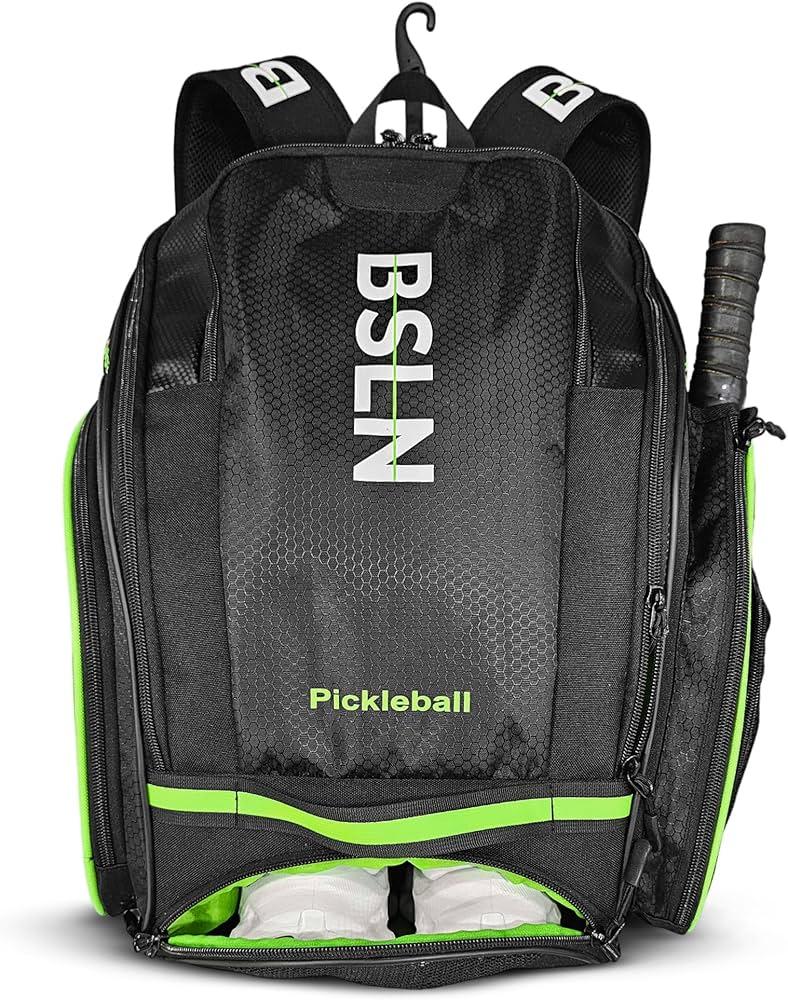 Pickleball Bag - Large Pickle Ball Sports Backpack with Padded Paddle Pockets & Large Bottom Sack for Shoes - Hanging Fence Hook, Storage Compartments for Laptop, Insulated Water Bottle 