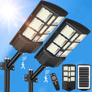 2 Pack Solar Street Light Outdoor Waterproof, 924 LED Beads Wide Angle Solar Powered Flood Light with Motion Sensor & Remote Control,Dusk to Dawn Commercial Solar Outdoor Street Light for Garage