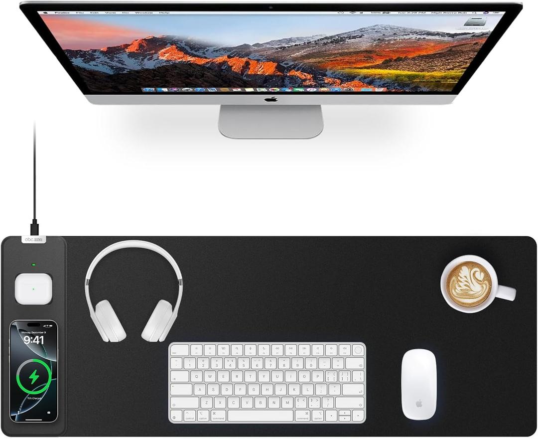 Magnetic Wireless Charging Mouse Pad, 27.5"x11.8" Gaming Desk Mat with Superior Stitched Edges, Non-Slip Base, Waterproof Smooth Desk Writing Pad for Gamer, Office & Home, Black