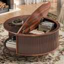 Round Coffee Table, 31.5" Fluted Center Table with Storage, Lift-Top Coffee Table with Adjustable Footpads, Sliding Door, Mid-Century Modern Center Table for Living Room, Small Space, (Walnut)