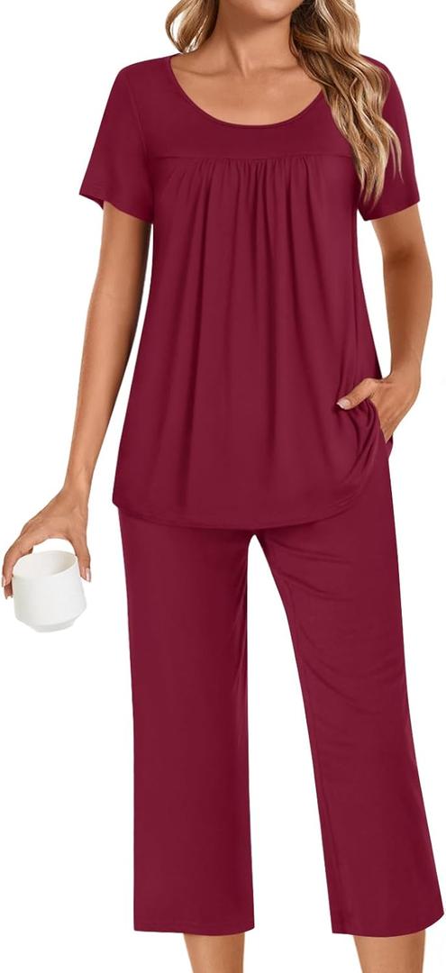 POPYOUNG Womens Pajama Sets Summer Ladies Pjs 2 Piece Loungewear Capri with Pockets Sleepwear