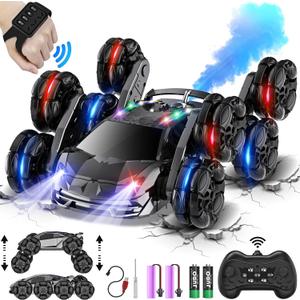 8WD Remote Control Car,2.4GHz Gesture Sensing RC Stunt Car,Cool Spray Rotation RC Car with Lights and Music,All Terrain Toys for Ages 5-7 Birthday Gifts for Boys Girls(Black)