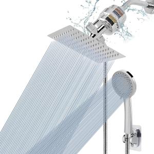NearMoon Filtered Shower Head, High Pressure 8Square, 5 settings Handheld Rain Shower Filter Combo with Self-adhesive Holder/1.5M Hose -1 Replaceable Filter Cartridge (Chrome Finish)