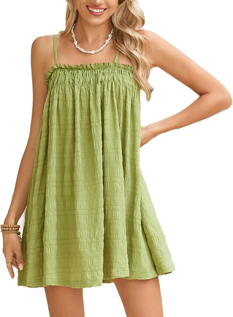MakeMeChic Women's Sundress Flowy Cami Mini Dress Sleeveless Ruffle Swing Shirred Casual Vacation Cute Summer Dress, M