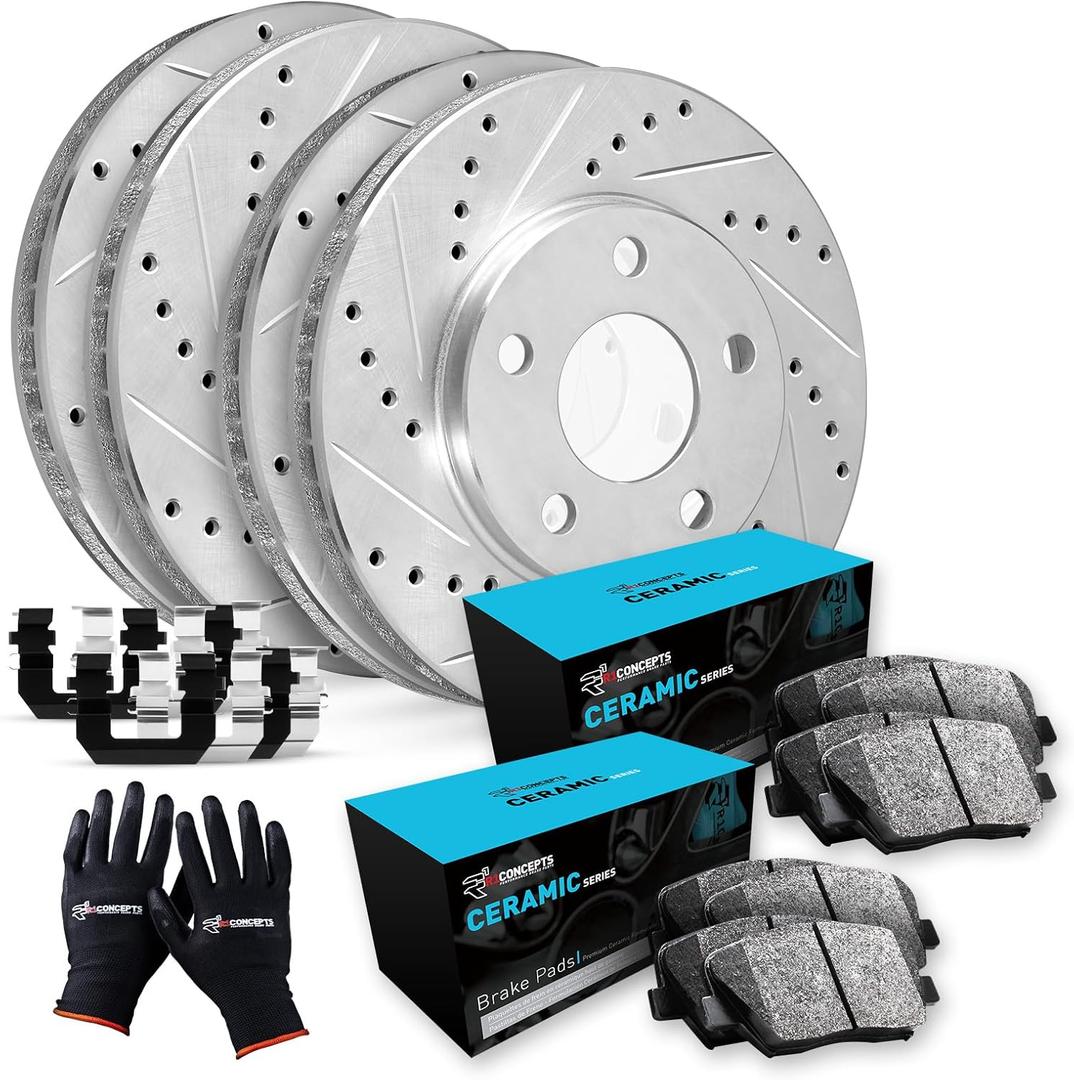 R1 Concepts Front and Rear Brake Kit For 2013-2017 Honda Accord| Drilled Slotted Brake Rotors| Ceramic Brake Pads and Rotors Kit|Hardware included