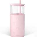 SANDJEST Glass Tumbler with Straw and Lid, Bow Glass Water Bottle with Silicone Sleeve 20oz, Smoothie, Iced Coffee Cup, Gifts for Women Teen Girls Birthday Christmas