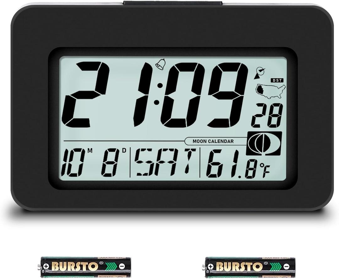 Handy Atomic Alarm Clock - 6'' Battery Operated Digital Clock with Seconds, Self-Setting, Auto Sync, DST, Selectable Time Zones,Portable Travel Desk Clock with 5s Touch Backlight for Bedroom (Black)