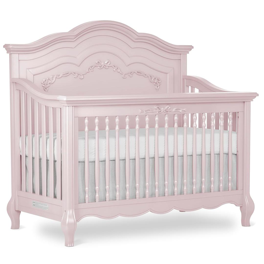 Evolur Aurora 5-in-1 Convertible Full-Size Baby Crib in Dusty Rose, GreenGuard Gold & JPMA, 3 Mattress Heights, Ribbon Bow Scrollwork & Queen Anne Feet, Converts to Toddler, Day & Full-Size Bed (Blush Pink)