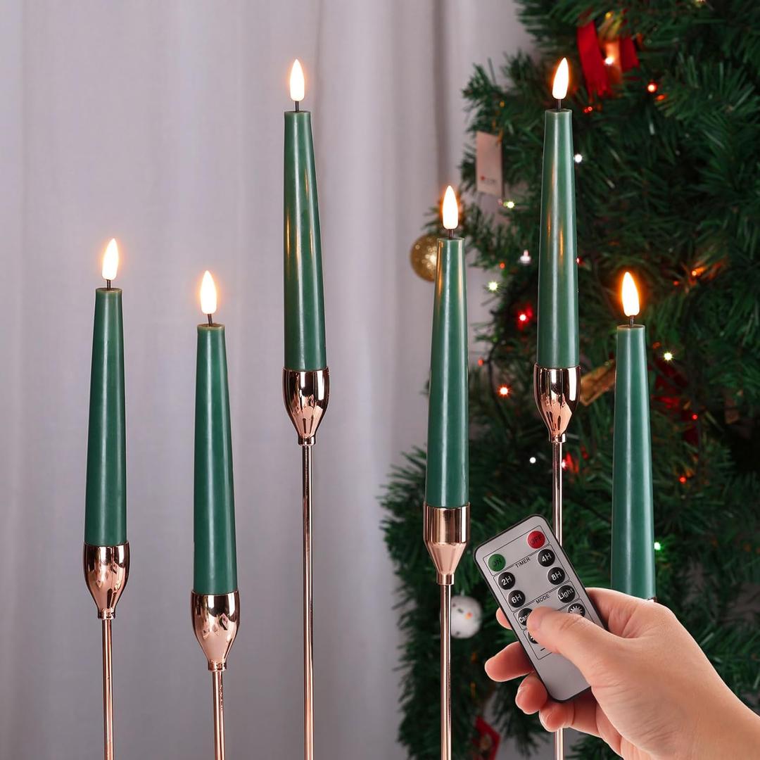 Eywamage Short Green Flameless Taper Candles with Remote, Flickering Spring Battery LED Wax Candlesticks Set of 6