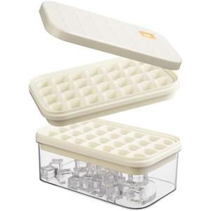 Brigii Ice Cube Tray with Lid&Bin, Ice Cube Mold with 56 Cubes, Stackable Ice Trays for Freezer with Easy-Release Silicone Bottom, for Drinks, Coffee, Cocktail (White)