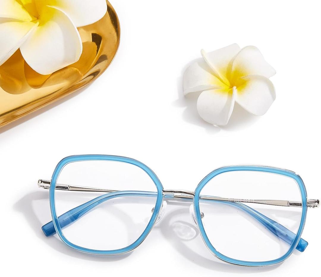 Lightweight Clear Glasses for Women Men, Non Prescription Eyewear Frame, Clear Lens Replaceable, Spring Metal Hinges (Blue)