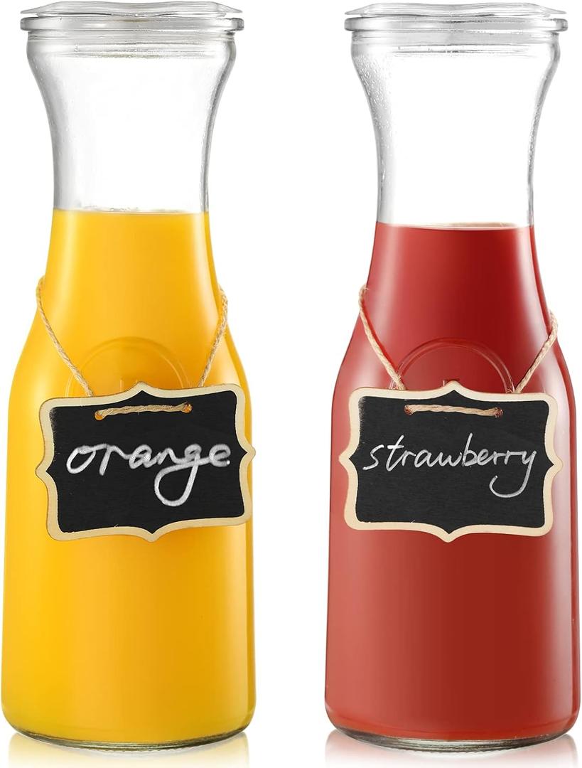 Set of 2 Glass Carafe with Lids, 1 Liter Water Pitcher Carafe for Mimosa Bar, Brunch, Cold Water, Beverage, Iced Tea, Lemonade - 2 Wooden Chalkboard Tags Included