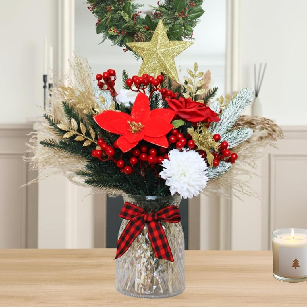 RyddeligHome Christmas Centerpieces for Tables, Holiday Table Decor, 100pcs Christmas Floral Arrangements in Vase, Pottery Xmas Decorations, Artificial Poinsettia Red Berry Pine Branches