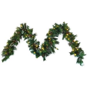9ft X 10" Pre-lit Artificial Christmas Garland with Warm White LED Lights, 20 Natural Pine Cones, and 50 Warm White LED Lights - Battery Operated with Timer for Indoor and Outdoor Christmas Decor