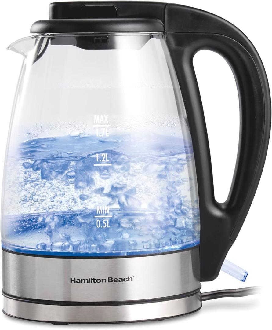 Hamilton Beach 1.7L Electric Kettle, Water Boiler & Heater, LED Indicator, Built-In Mesh Filter, Auto-Shutoff & Boil-Dry Protection, Cordless Serving, Clear Glass (40864) (1.8 Quarts)