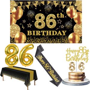86th Birthday Decorations Men Women with 86th Birthday Banner, Black and Gold Table Cloth, Number Balloons, Sash, Cake Topper and Candles