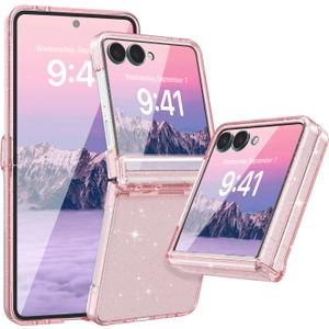 FABSPARK Case for Samsung Galaxy Z Flip 7 Built-in Screen Protector,Hinge Protection,Sparkly Bling Glitter Crystal Clear Transparent Slim Fit Acrylic Hard PC for Samsung Z Flip 7 Case,Glitter Pink