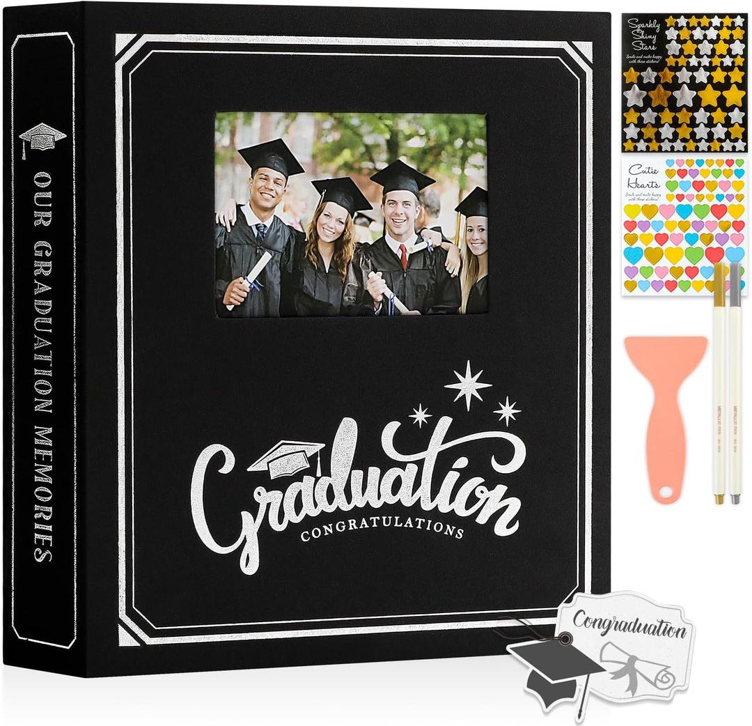 Lanpn Graduation Scrapbook Self Adhesive Photo Album, DIY Memory Scrap Book Grad Picture Album Sticky Magnetic Pages holds 4x6 5x7 8x10 A5 Picture (Small 20 Sheets/40 Pages, Black-Window)