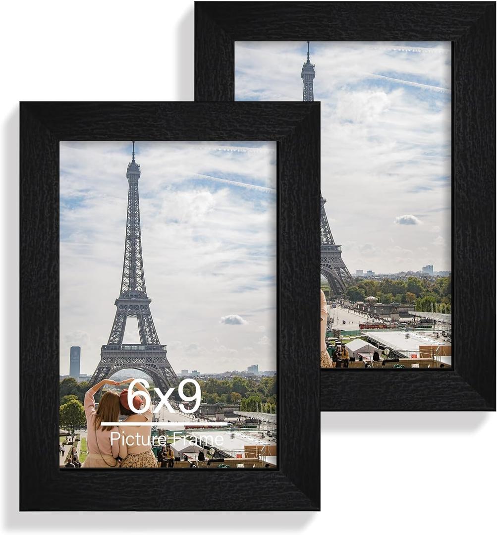 Hongkee 6x9 Picture Frame Set of 2, Made of Real Glass and Rustic Black Wooden Frame - 6 by 9 Photo for Wall or Tabletop Display