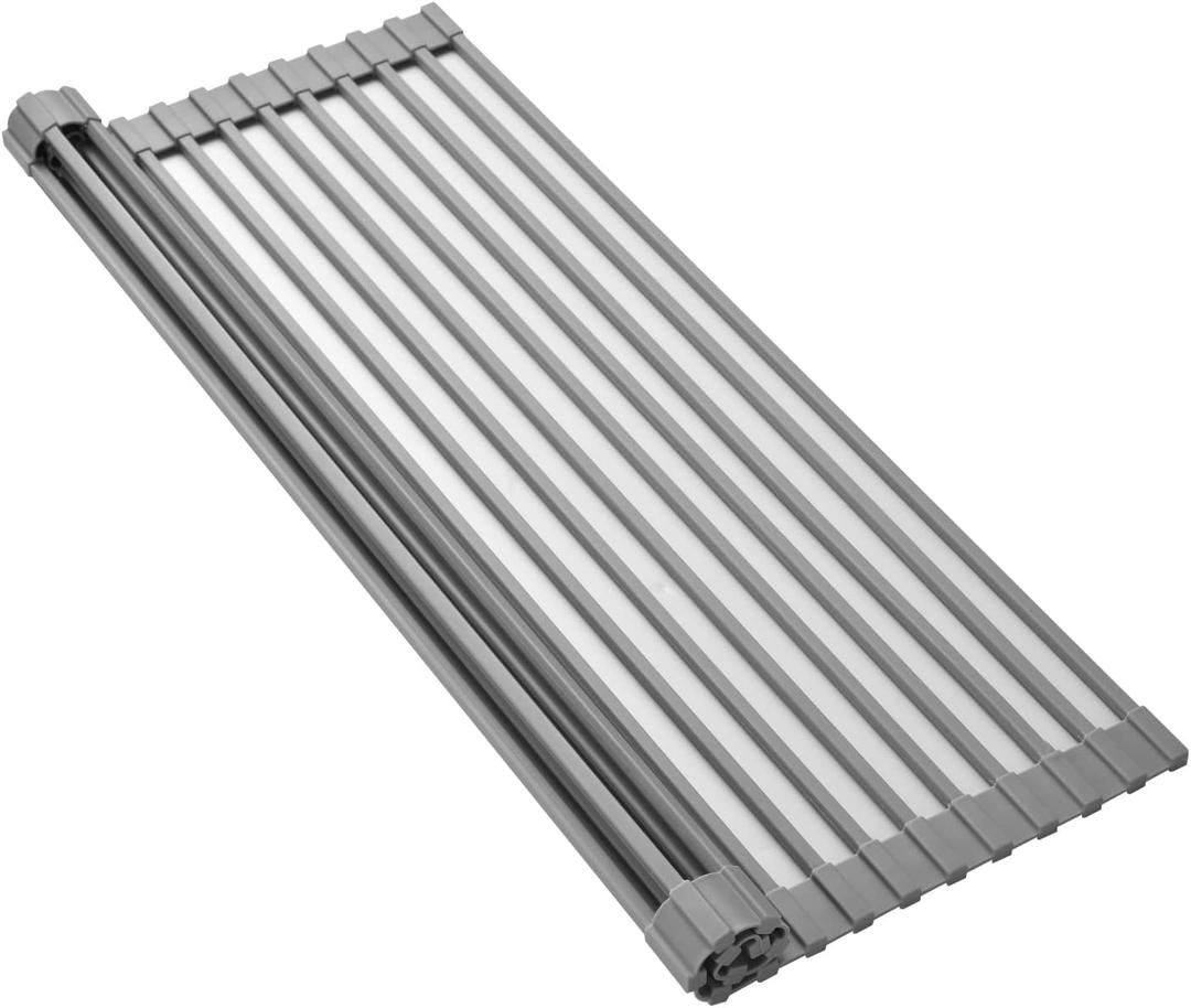 Mistifi Silicone-Coated Stainless Steel Over The Sink Multipurpose Roll-Up Dish Drying Rack, 20.8"X13.2", Heat Resistant Non Slip Dish Draining Rack BPA Free Dishwasher Safe (L, Gray)