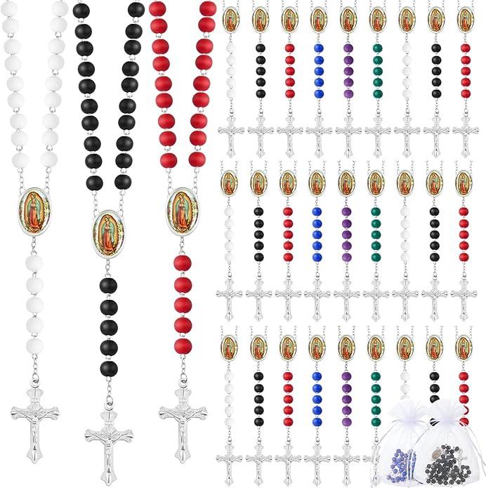 Wooden Bead Rosary Necklace with Crucifix and Our Lady of Guadalupe Scented First Communion Rosary with 36 Organza Bags Baptism Favors Catholic Gift for Men Women