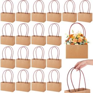 LOLYSIC 20 Pack Kraft Paper Flower Gift Bags with Handles, Small Brown Paper Tote Bags with Waterproof Lining for Floral Arrangements, Party Favors, Wedding Welcome Bags, and Gift Packaging