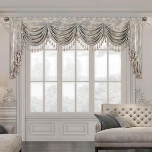 Loom and Mill Luxury Waterfall Valances for Windows, Jacquard Thick Swag Waterfall Curtains Valance with Tassels for Living Room, Bedroom Party Banquet Decorations (Grey, W110 Inch, 1 Panel)