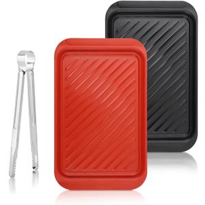 Grilling Prep and Serve Trays, 17.16" x 10.47" BBQ Platter for Uncooked and Cooked Food, 2PCS Melamine Serving Trays for Food, Food Tong Included(Color:Black+red)
