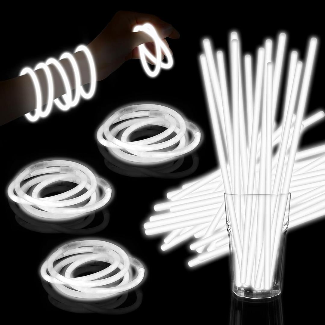 60 Pack 8 White Glow Sticks Bracelet Necklaces Bulk with 60 Connectors Neon Glow In The Dark Party favors Supplies for Holiday Birthday Party Decoration (White)