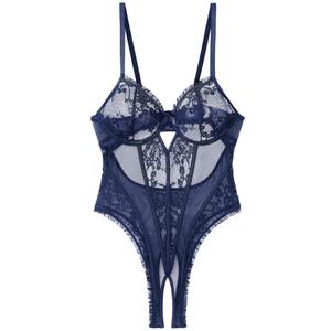 Avidlove Sexy Lingerie for Women V Neck Lace Teddy Lingerie Push Up One Piece Lingerie Bodysuit (Small, Navy Blue)