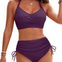Blooming Jelly Womens High Waisted Bikini Sets Drawstring Tummy Control Swimsuits Crisscross Tie Back Bathing Suit (Purple, M)