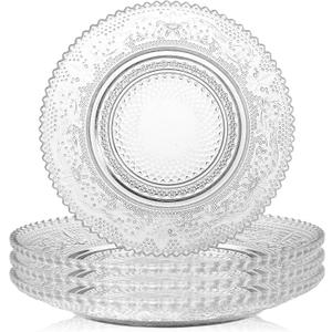 WHJY 6 Inch Clear Glass Plates 4 Pack Vintage Dinnerware Set Clear Floral Textured Dinner Plates for Home Party Wedding Crystal Glass Dishes for Fruit Salad Appetizer Dessert