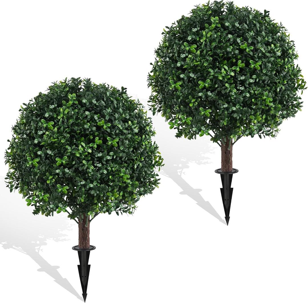 23.6" Artificial Boxwood Topiary Ball Trees, 2 Pack UV Resistant Artificial Plants Outdoor, Boxwood Balls with Ground Spike, Fake Plants for Front Porch Decor, Outdoor, Indoor (Green)