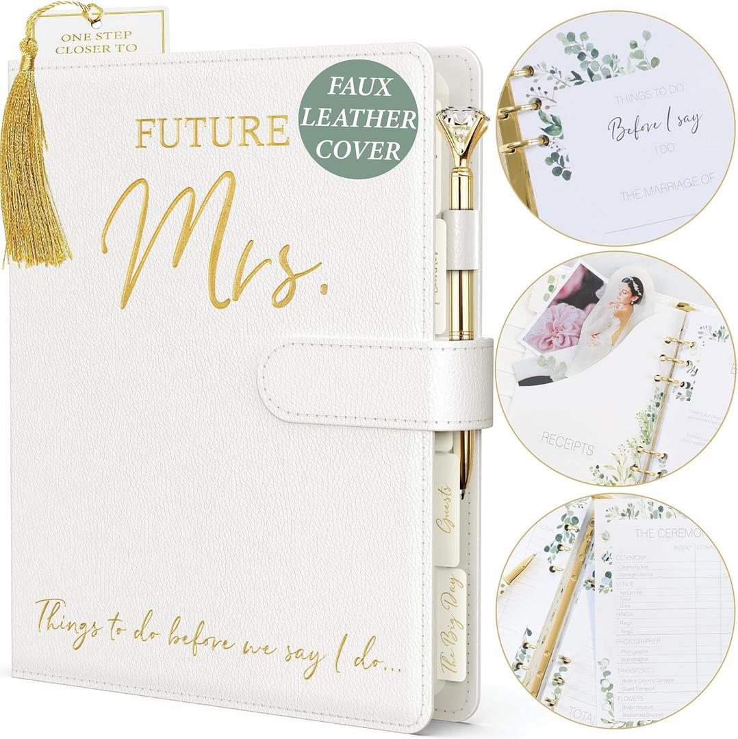Wedding Planner Book and Organizer - Faux Leather 'Future Mrs' Wedding Planning Book and Organizer 2025-26 I Wedding Binder with. Pen Bookmark & Stickers & Bridal Countdown Calendar I Designed in USA (Pearl)