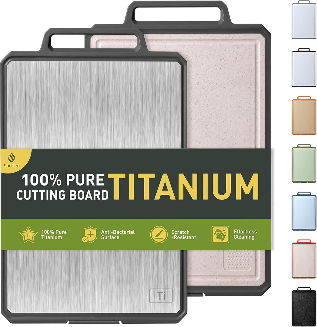 Titanium Cutting Boards for Kitchen Non Toxic Chopping Board with Handle Large Big Small Kitchen Meat Butcher Block 2 in 1 Pure Titanium and Wheat Straw PP Not Wood Bamboo Plastic Teak Grey/Beige