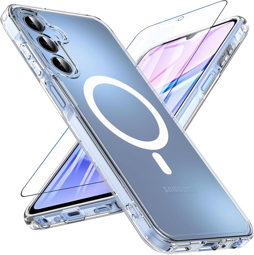 OWKEY Galaxy A15 5G Phone Case,Magnetic Samsung Galaxy A15 5G Case for Magsafe with Tempered Glass Screen Protector,[Shockproof Military] Transparent Back Slim Bumper Cover Samsung A15 5G Case, Clear