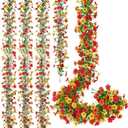 Fall Artificial Flowers Garland 4 Pack 5.7FT Faux Daisy Eucalyptus Leaves,UV Resistant Fall Leaf Floral Garland for Autumn Decor Thanksgiving Wedding Booth Backdrop (Red Orange Yellow, 4PCS)