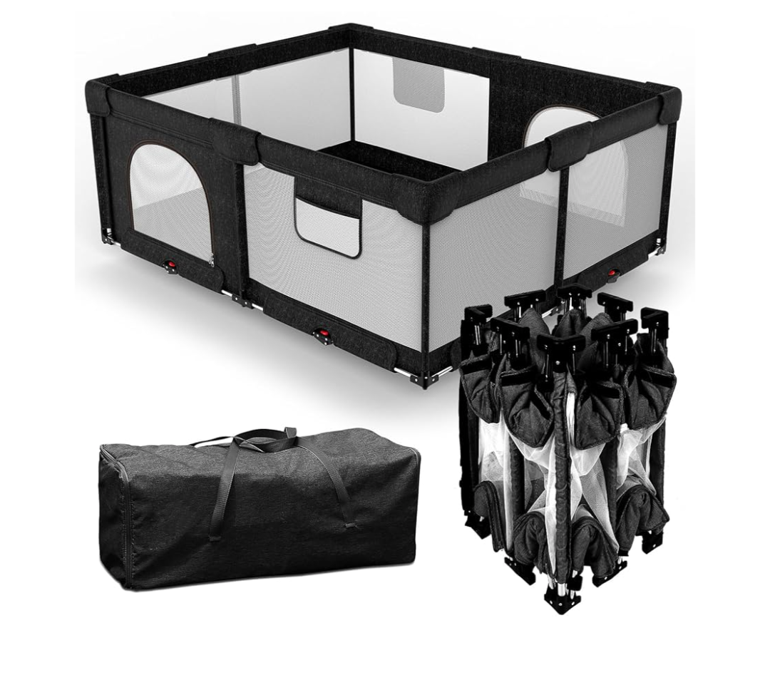 Foldable Baby Playpen with Gate, Extra Large Collapsible Play Yard for Babies & Toddlers, Portable Travel Play Pen with Fence, Safe Activity Center for Indoor & Outdoor Use (59"×71" Black)